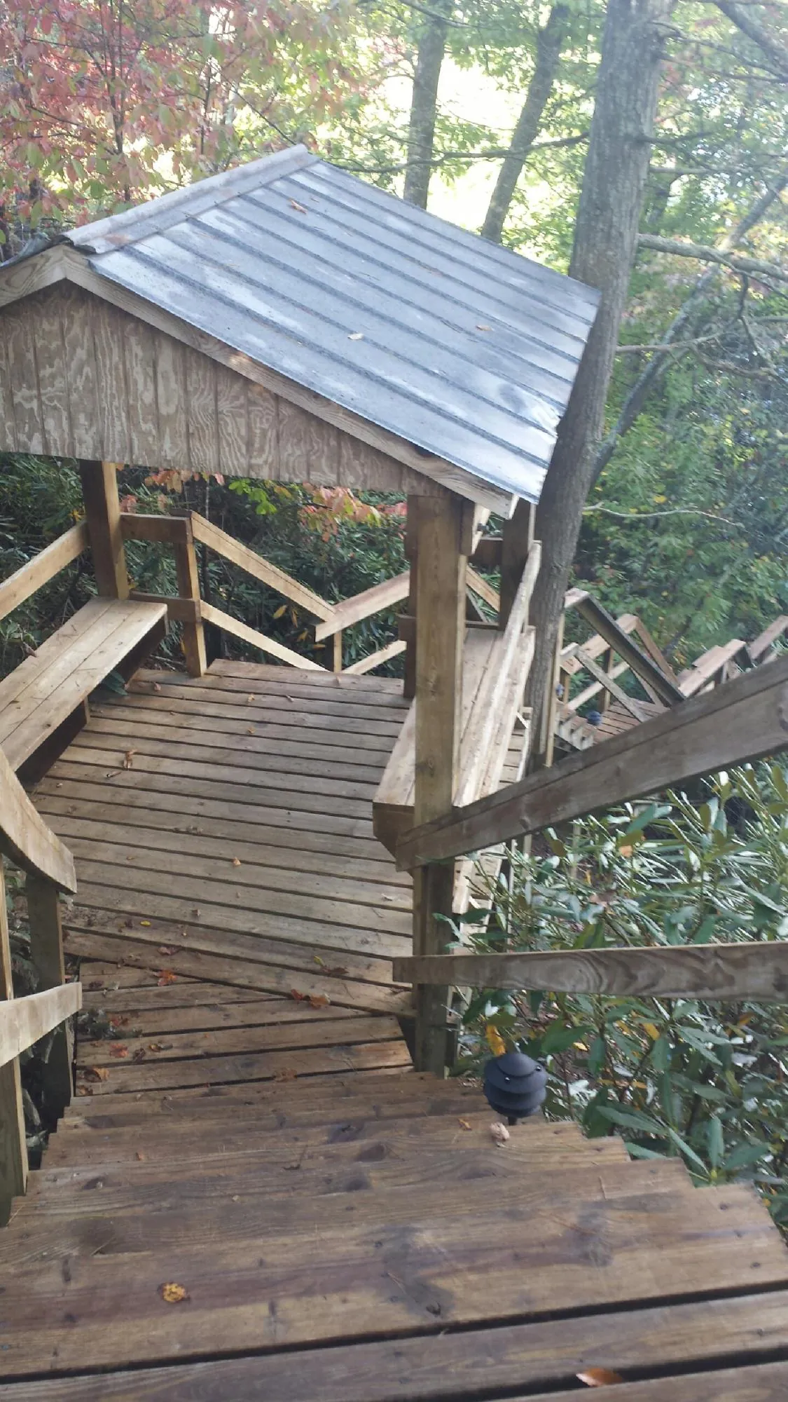 Metal roofed shelter over wooden steps on a wooded walkway — Skylight Repair & Installation work by our crew in Hawkeye
